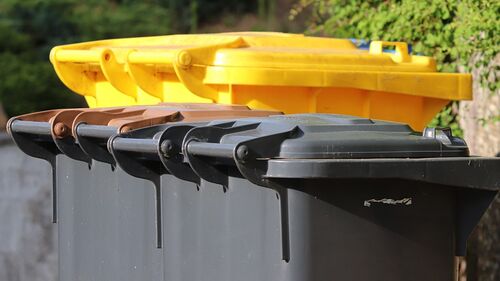 Foto: Zu sehen sind mehrere schwarze Restmülltonnen und gelbe Tonnen.