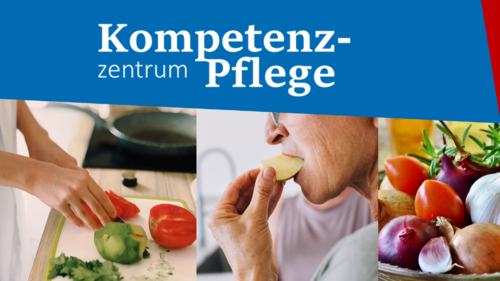 Foto: Zu sehen sind ältere Menschen, die essen und trinken. Auf dem Bild steht die Überschrift: Kompetenzzentrum Pflege Rheingau-Taunus.