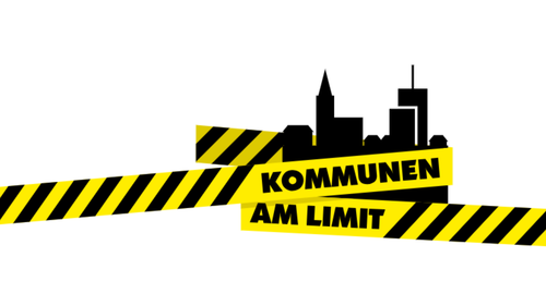 Bild: Die Grafik zeigt ein gelb-schwarzes Absperrband vor der Silhouette einer Stadt mit der Aufschrift "Kommunen am Limit".