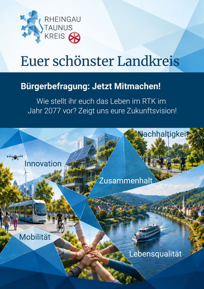 Das Bild zeigt Radfahrer, Schiff auf Rhein, Drohne in der Luft, Bus mit Menschen und den Hinweis Bürgerbefragung.