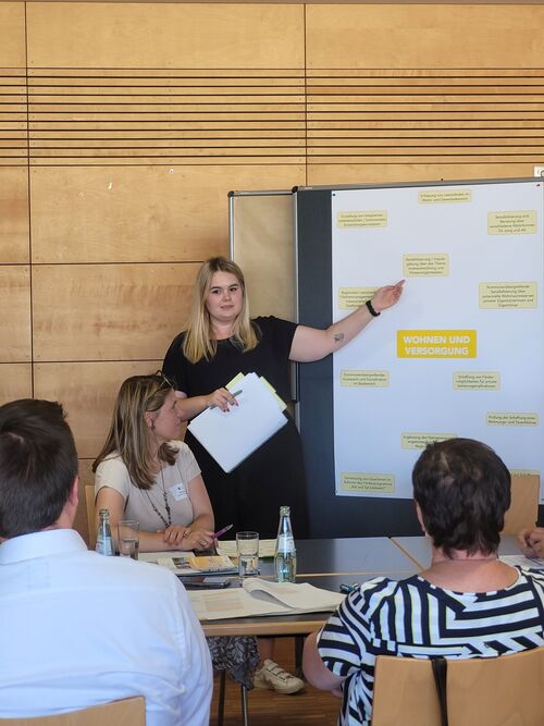 Jana Schaefer von der Hessenagentur erläutert den Teilnehmenden anhand eines Plakats Maßnahmen im Bereich „Wohnen und Versorgung".