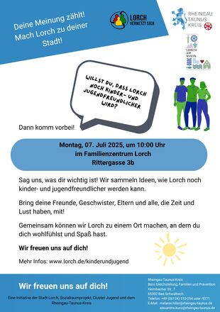 Plakat: Zu lesen ist ein Aufruf zur Veranstaltung im Juli 2025, bei der sich Kinder und Jugendliche an der Gestaltung in Lorch beteiligen können.