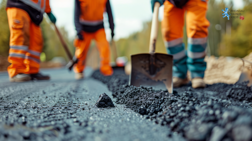 Foto: Zu sehen sind Bauarbeiter auf einer Straße, die frisch geteert wird.
